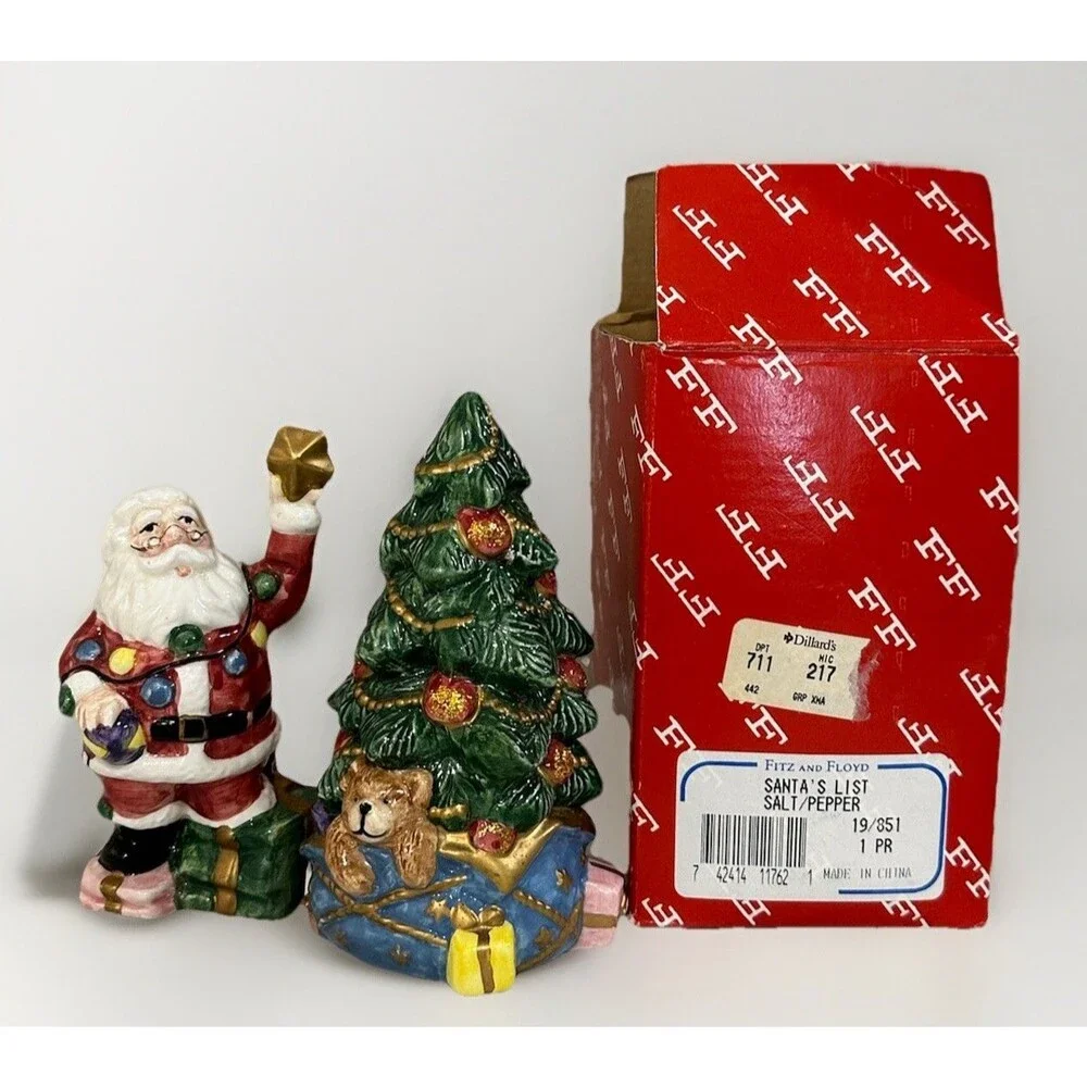 1994 Fitz and Floyd Santa Christmas Tree Salt Pepper Shakers w original box